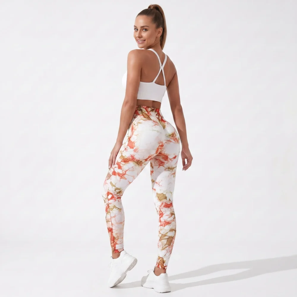 Legginsy damskie z wysokim stanem i marmurkowym wzorem