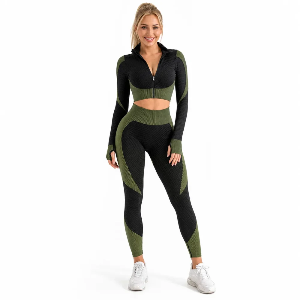 Damski komplet treningowy — cropped top z zamkiem i legginsy