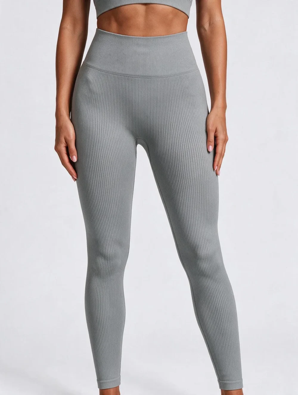 Legginsy sportowe bezszwowe z wysokim stanem Nessa Ribbed - Jasnoszary