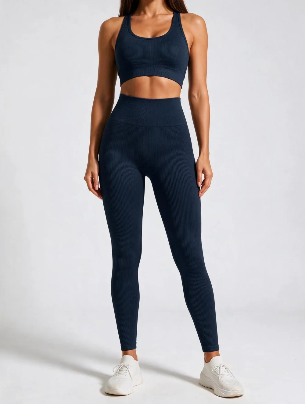Legginsy sportowe bezszwowe z wysokim stanem Nessa Ribbed - Granatowy