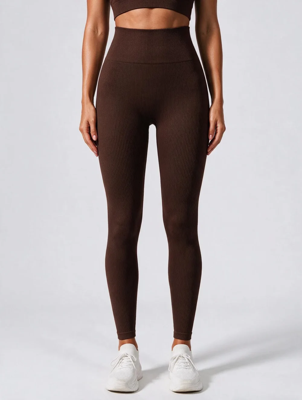 Legginsy sportowe bezszwowe z wysokim stanem Nessa Ribbed - Czekoladowy Brązowy