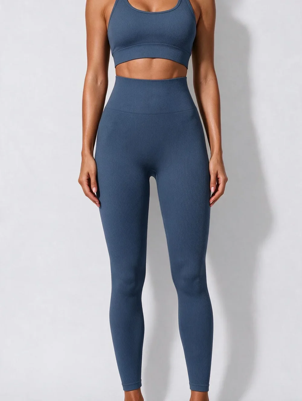 Legginsy sportowe bezszwowe z wysokim stanem Nessa Ribbed - Chabrowy