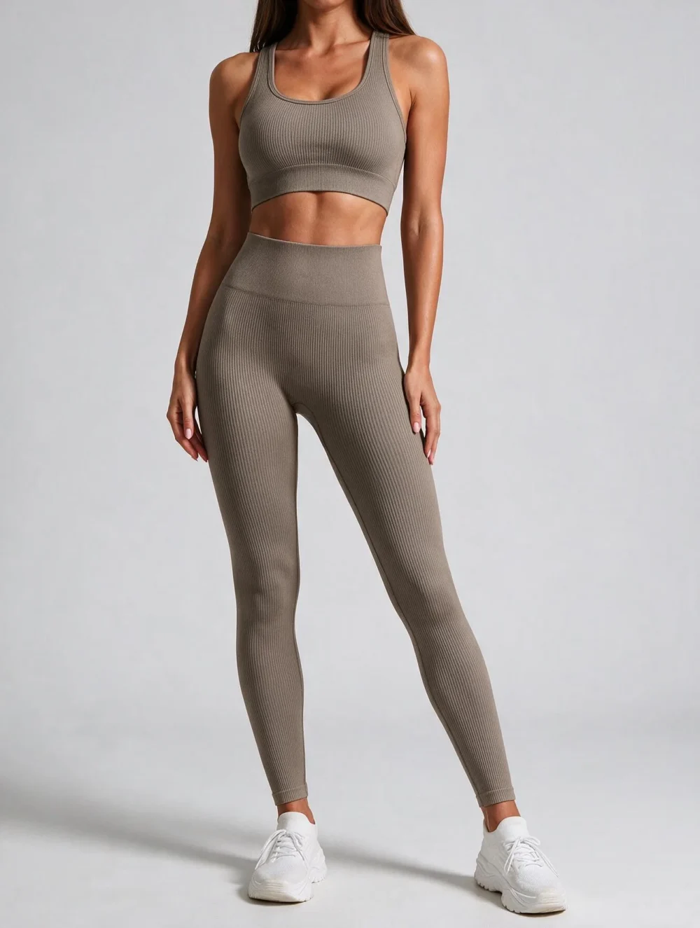 Legginsy sportowe bezszwowe z wysokim stanem Nessa Ribbed - Khaki