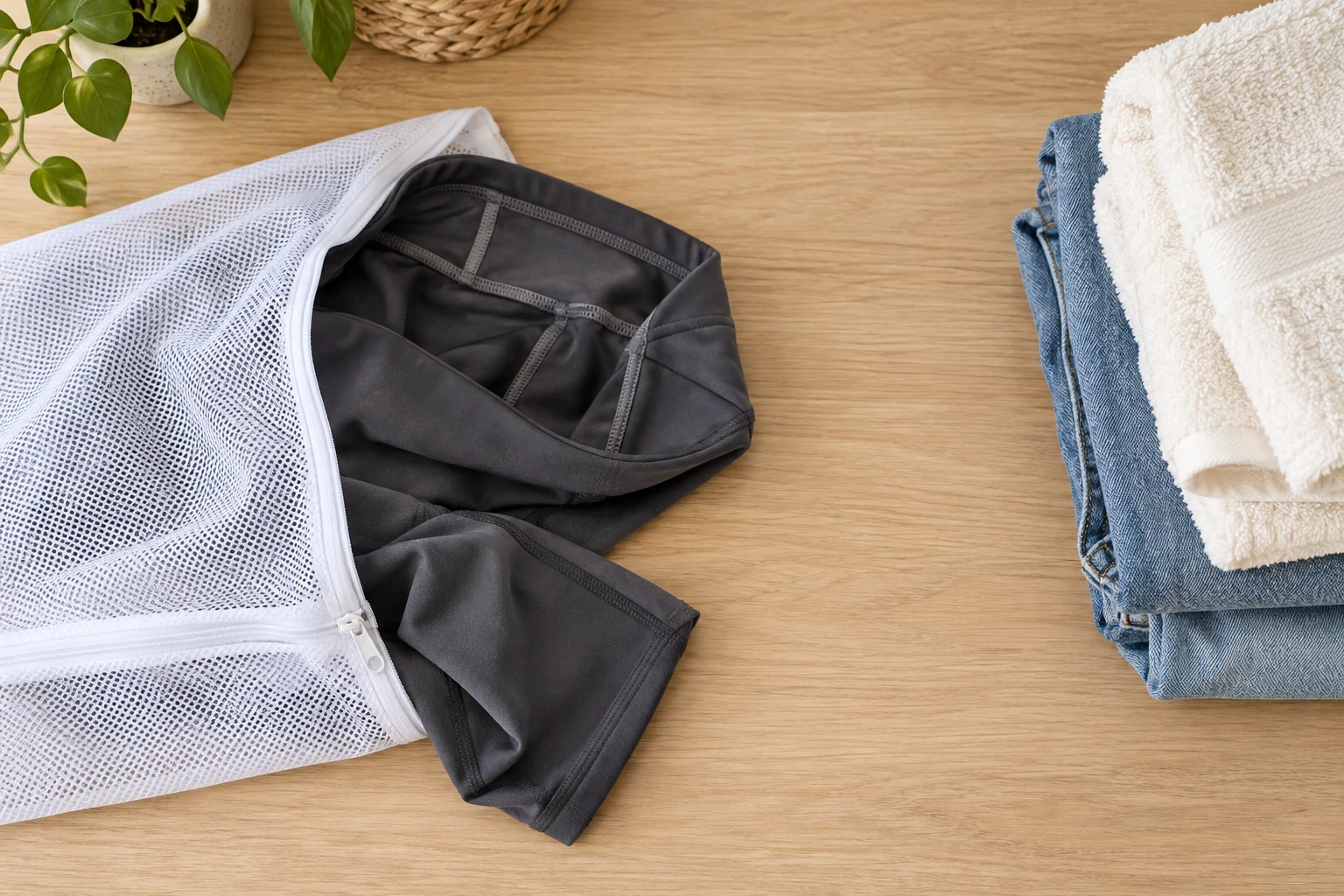 Legginsy na lewej stronie w worku do prania, oddzielone od stosu ręczników i jeansów